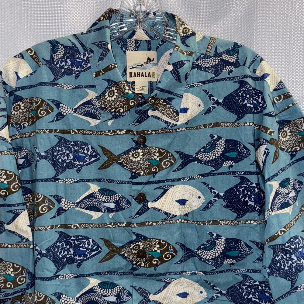 KAHALA Hawaiian Shirt Cotton Blue Pocket Fish Floral Sz XL - Picture 3 of 11